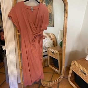 Asos linen blend wrap midi dress in rosy blush pink